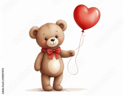 Teddy bear on a white background with a red heart-shaped balloon