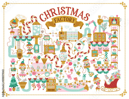 Christmas Factory Santa Claus, elves read letters, pack gifts, toys and candies for children. Hand drawn vector illustration in retro style, fantasy mechanisms, pipes and conveyors. white background.