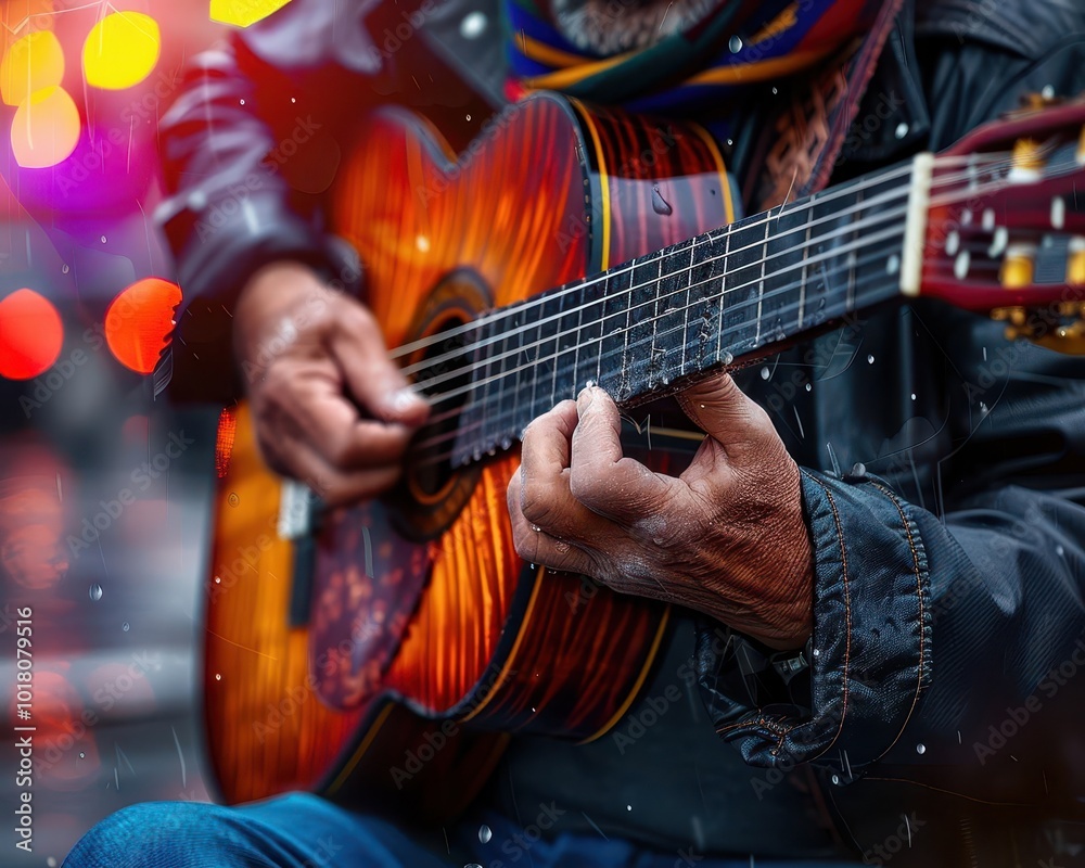 Fototapeta premium Street musician playing guitar, vibrant colors, photography, candid, artistic