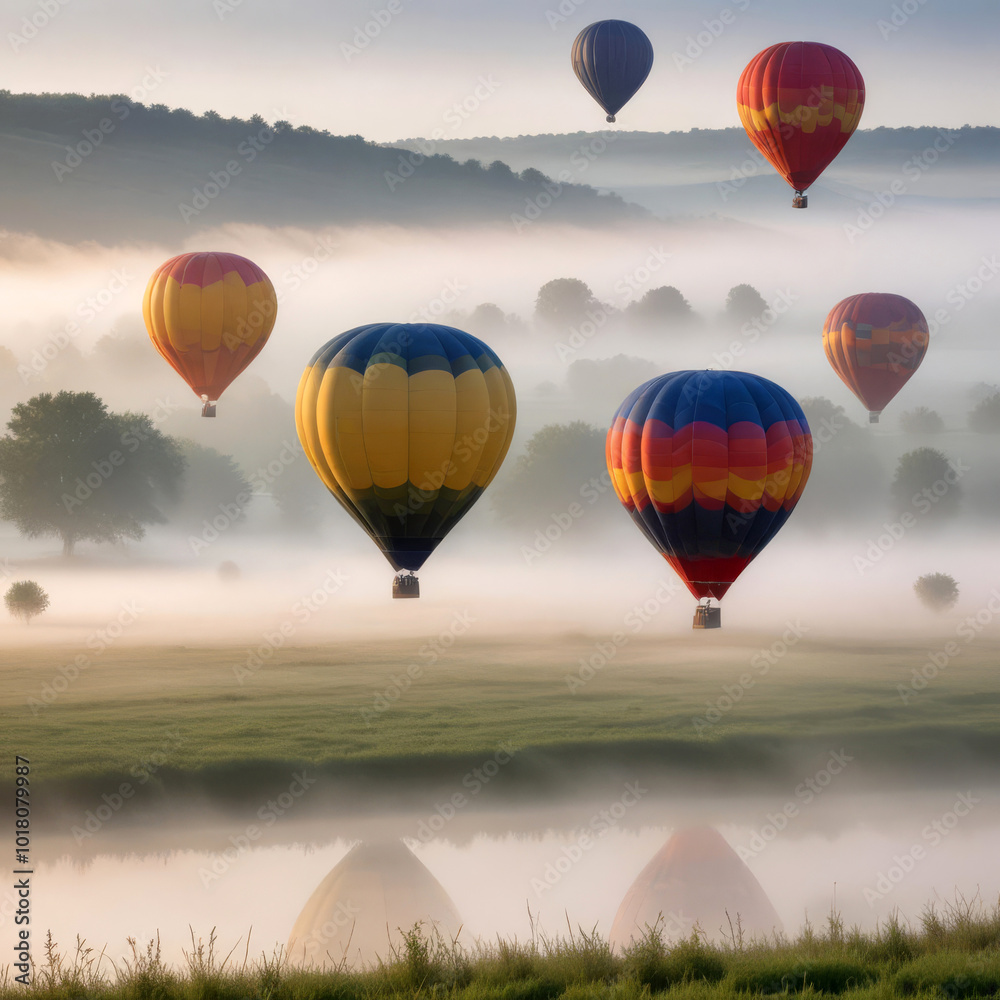 Obraz premium Hot air balloons hover over a beautiful hilly landscape