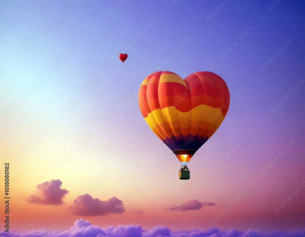 Obraz premium Bright heart-shaped balloon floats above the clouds high in the sky