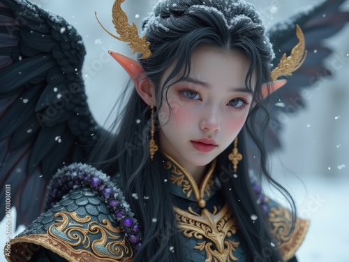 A beautiful elf woman with black wings dressed in black armor decorated with gold. photo