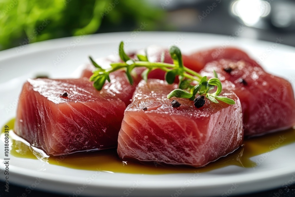 Tuna,Canned fish on white plate - generative ai Tuna,Canned fish on white plate - generative ai