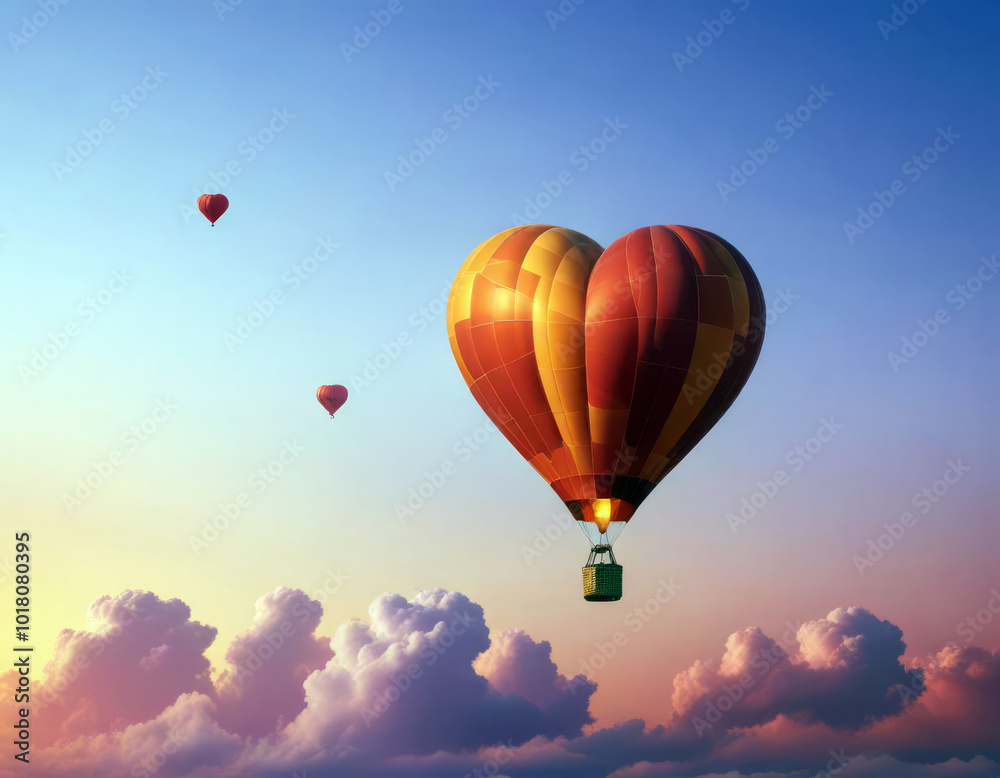 Naklejka premium Bright heart-shaped balloon floats above the clouds high in the sky