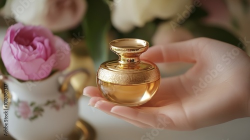 This is a luxurious women's perfume called Belle. It comes in a gold glass bottle and has a classic floral scent. The top notes are lychee, rose petals, and mimosa. photo