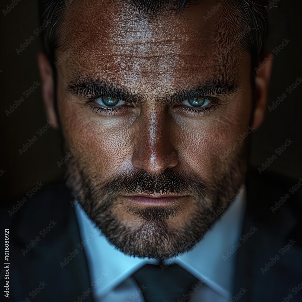 Intense close-up portrait of a man with sharp features and striking blue eyes, exuding confidence and charisma. Intense close-up portrait of a man with sharp features and striking blue eyes, exuding confidence and charisma.
