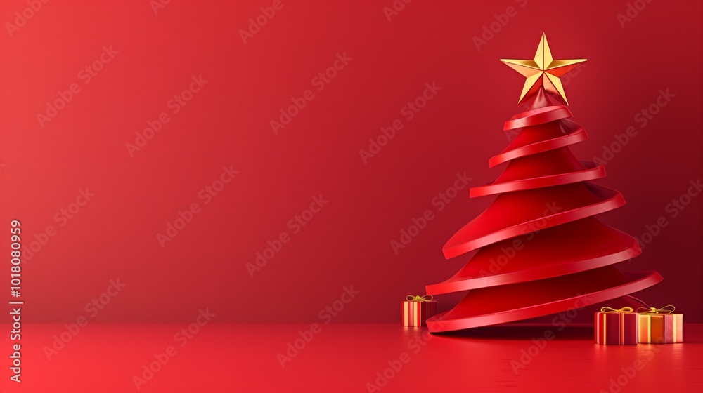 A stylized red Christmas tree with a golden star on top and gift boxes, set against a red background. A stylized red Christmas tree with a golden star on top and gift boxes, set against a red background.