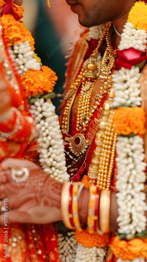 Fototapeta premium Vibrant Indian Wedding Ceremony with Traditional Clothing and Jewelry