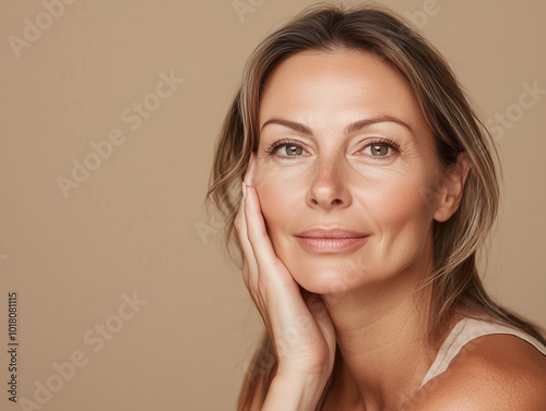 Beautiful black woman on neutral beige background, skincare.