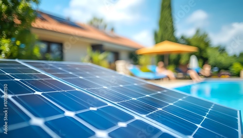 Close-up shot of a solar panel with a blurry background of a swimming pool, house and people. photo