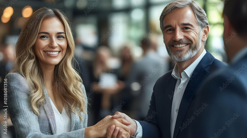 Two professionals shaking hands at a business event, smiling. Two professionals shaking hands at a business event, smiling.