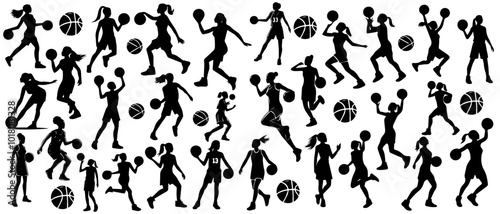 Big set of black vector silhouette basketball girl player isolated on white