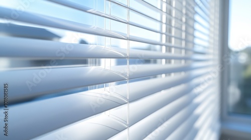 White plastic blinds for windows, both horizontal and vertical, are shown. These realistic blinds are perfect for homes or offices.