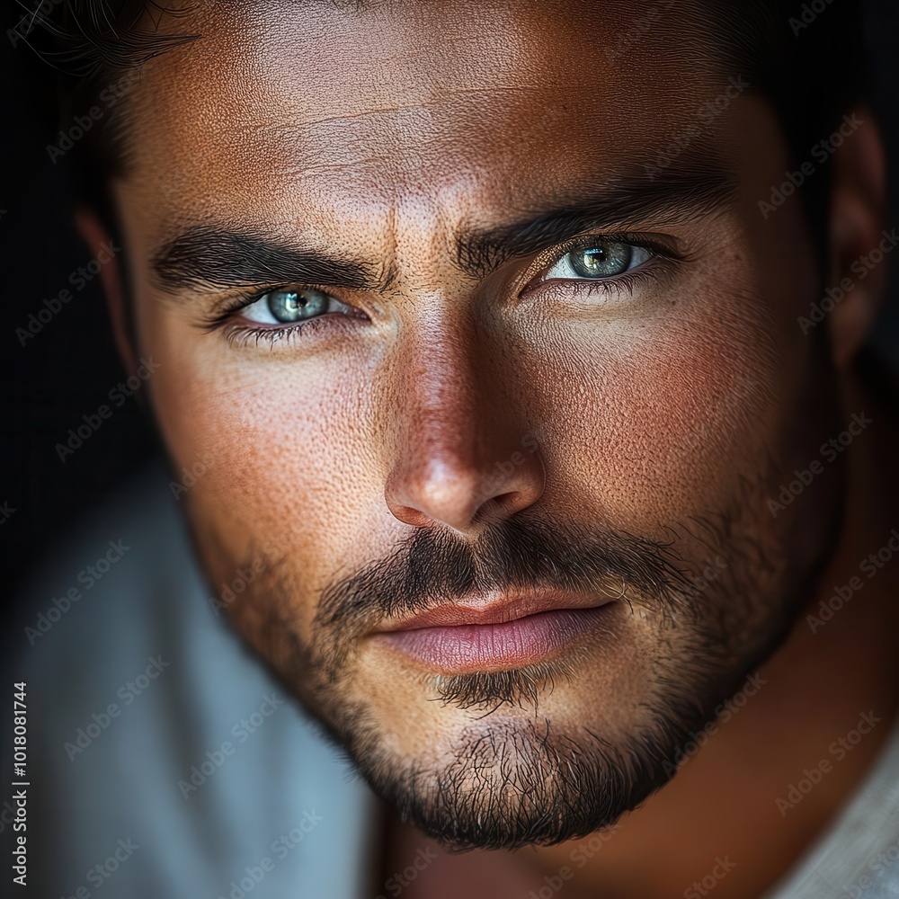 Intense portrait of a man with striking blue eyes and a well-defined beard, showcasing confidence and charisma. Intense portrait of a man with striking blue eyes and a well-defined beard, showcasing confidence and charisma.