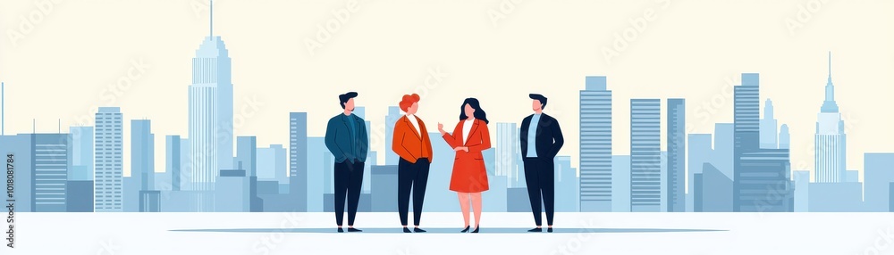 Four diverse professionals stand together, chatting against a city skyline featuring modern architecture and iconic buildings. Four diverse professionals stand together, chatting against a city skyline featuring modern architecture and iconic buildings.
