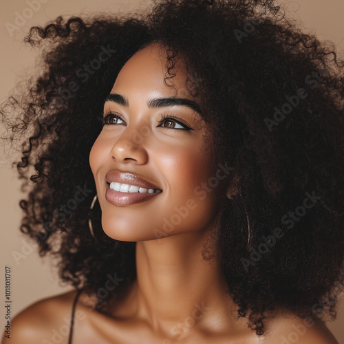 Beautiful black woman on neutral beige background, skincare.