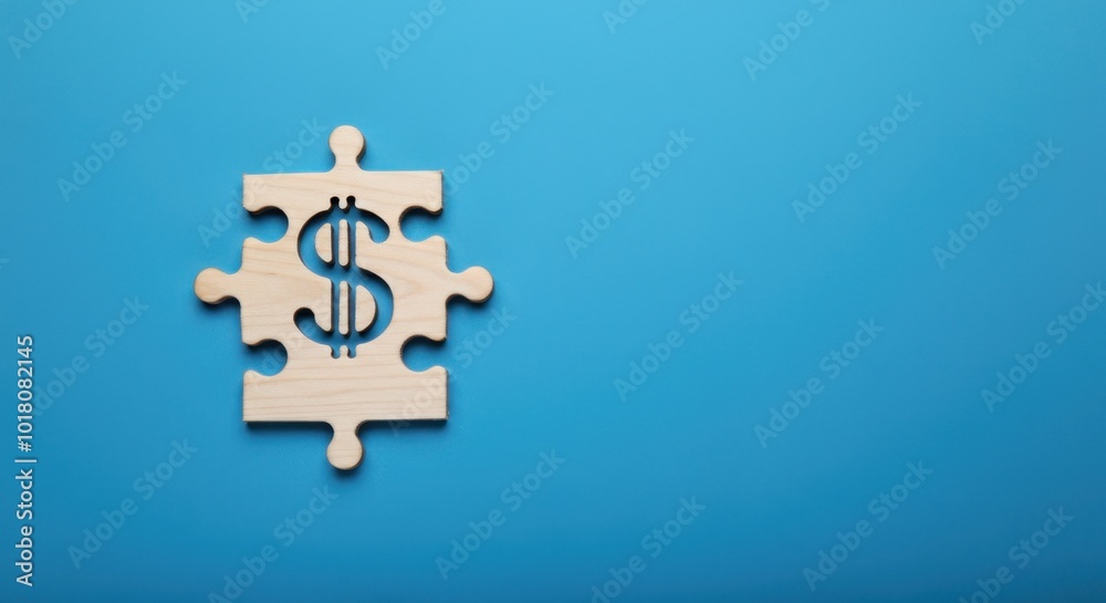 Wooden puzzle piece with dollar sign on blue background Wooden puzzle piece with dollar sign on blue background