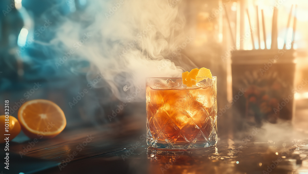 An old-fashioned cocktail with smoke and ice cubes on a wooden table An old-fashioned cocktail with smoke and ice cubes on a wooden table