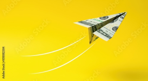 Paper airplane made from money flying on yellow background