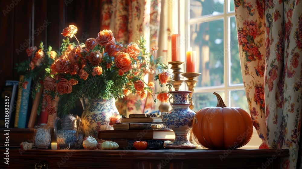 Cozy Autumn Scene with Flowers, Pumpkin, and Soft Light by the Window Cozy Autumn Scene with Flowers, Pumpkin, and Soft Light by the Window