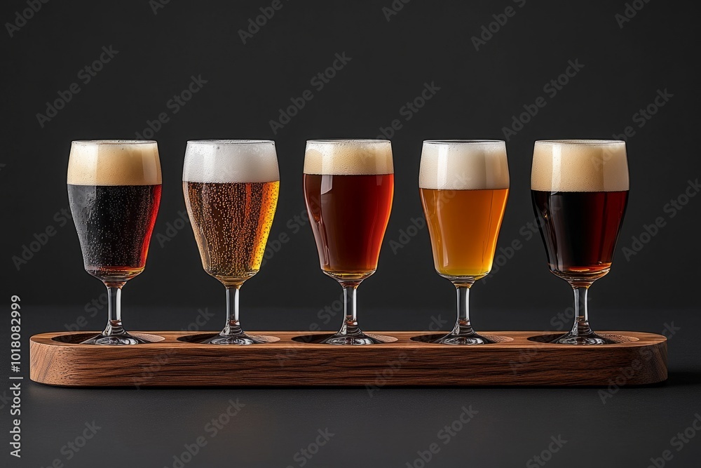 Five glasses of beer resting on wooden tray for beer tasting event Five glasses of beer resting on wooden tray for beer tasting event