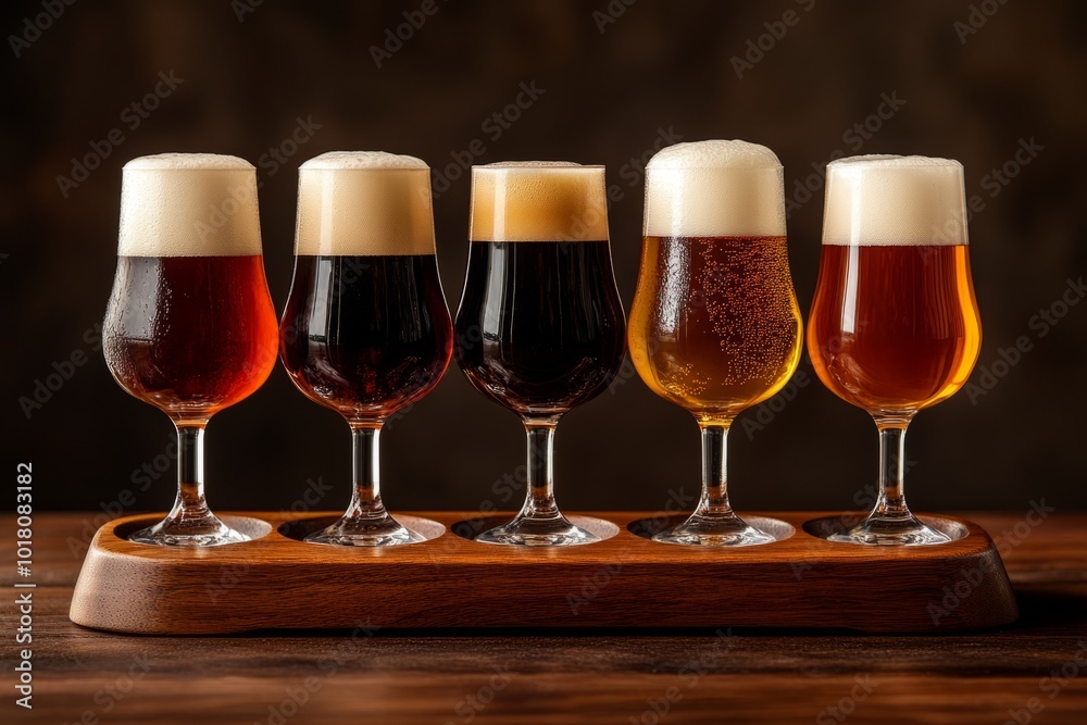 Five glasses of beer resting on wooden tray for beer tasting event Five glasses of beer resting on wooden tray for beer tasting event