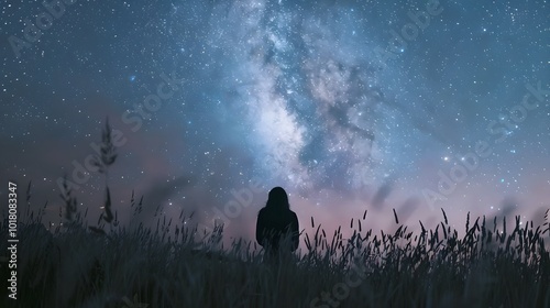 Silhouetted Figure Gazing at Majestic Milky Way Stretching Across Starry Night Sky Over Serene Grassland Landscape