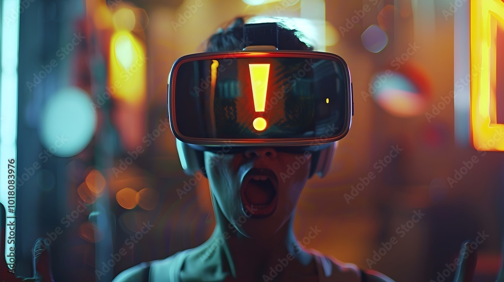 A person wearing VR goggles with a holographic exclamation mark symbolizing a transformative virtual experience A person wearing VR goggles with a holographic exclamation mark symbolizing a transformative virtual experience