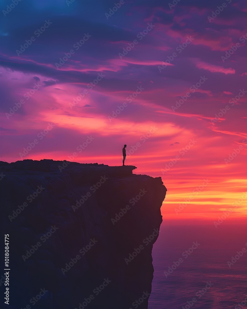 Silhouetted Figure Standing on Cliff at Sunset with Vibrant Skies Silhouetted Figure Standing on Cliff at Sunset with Vibrant Skies