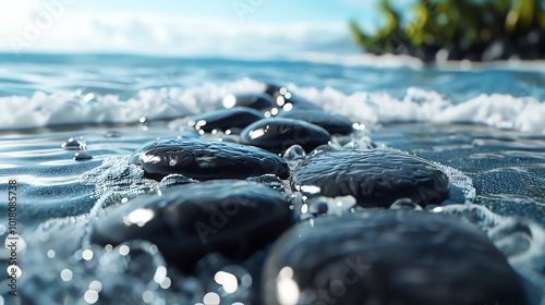 Smooth stones on a beach, gentle waves washing over, 3D illustration