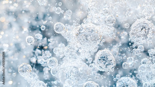  A close-up of numerous water droplets on a body of water's surface, with a fuzzy backdrop