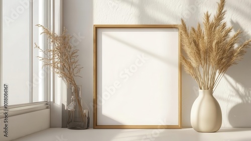 Minimalist interior featuring a blank frame beside decorative dried plants and soft natural light for a serene ambiance.