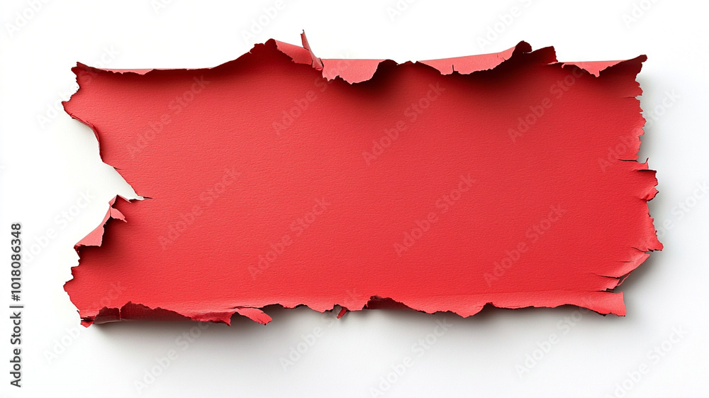 A single piece of red paper with torn edges on white background. A single piece of red paper with torn edges on white background.