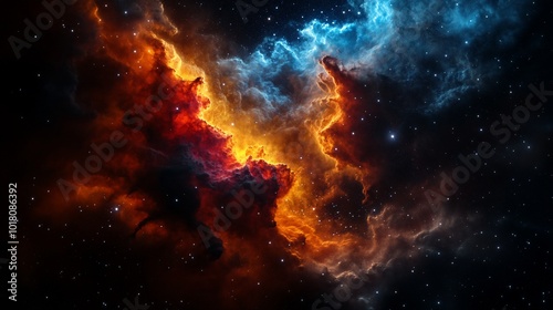 A vibrant nebula in deep space with bright red, orange, and blue colors, and white stars scattered throughout the dark space.