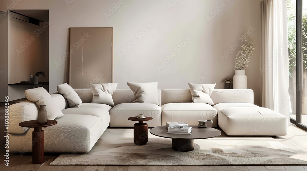 Minimalist living room with a white sectional sofa, coffee table, side tables, and a large window. Minimalist living room with a white sectional sofa, coffee table, side tables, and a large window.