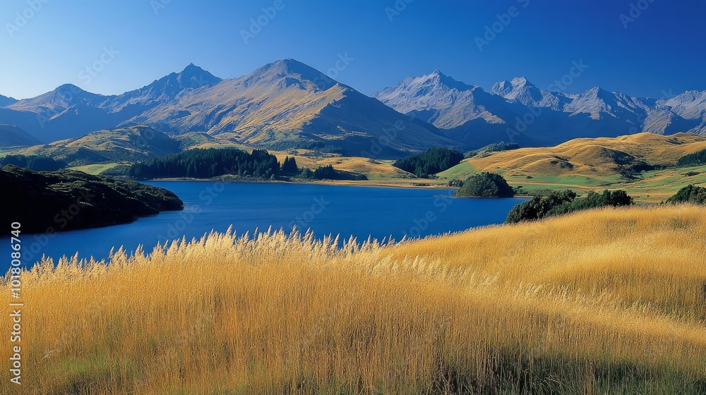 A serene lake nestled amidst rolling hills and snow-capped mountains under a clear blue sky.