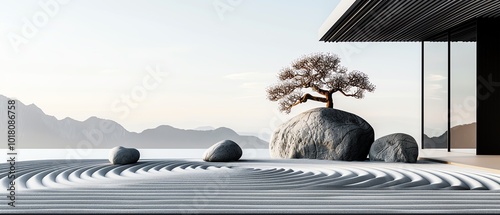 Zen garden with perfectly arranged rocks, minimal design, 3D illustration