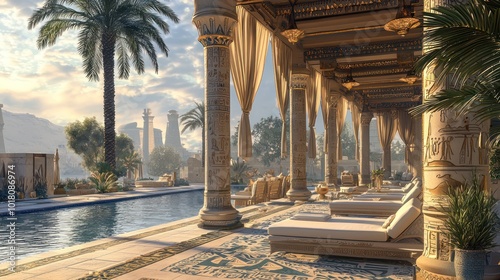 Egyptian pergola by the Nile, featuring ancient motifs and palm trees.