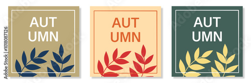 Autumn fall season template set with shapes, leaves and colorful minimalist background for poster, invitation, card, flyer, cover, banner, social media, sale, advertising. Vector illustration
