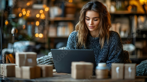 Woman working on a laptop surrounded by packages in a cozy setting.