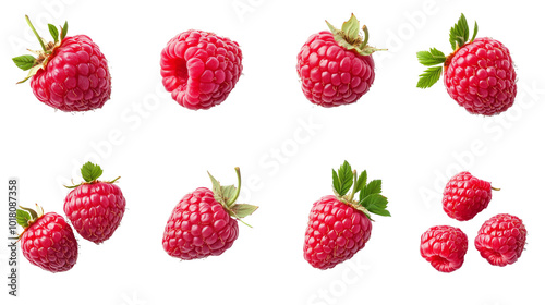  fresh raspberry isolated on transparent background in various angles and positions, cut and whole