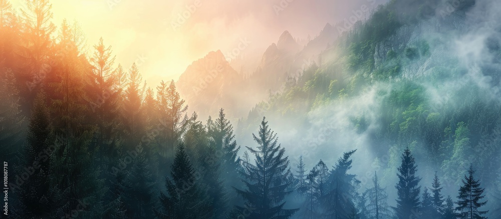 Naklejka premium Serene Mountain Forest with Mist and Sunset Sky in Enchanted Landscape
