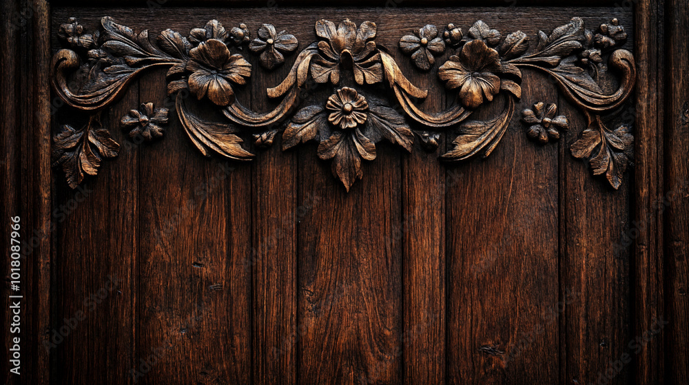 Antique wooden door with carved floral pattern