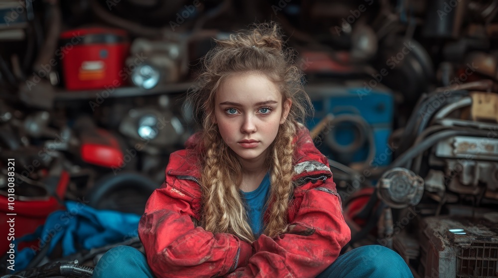 A girl auto mechanic. The auto garage behind her A girl auto mechanic. The auto garage behind her