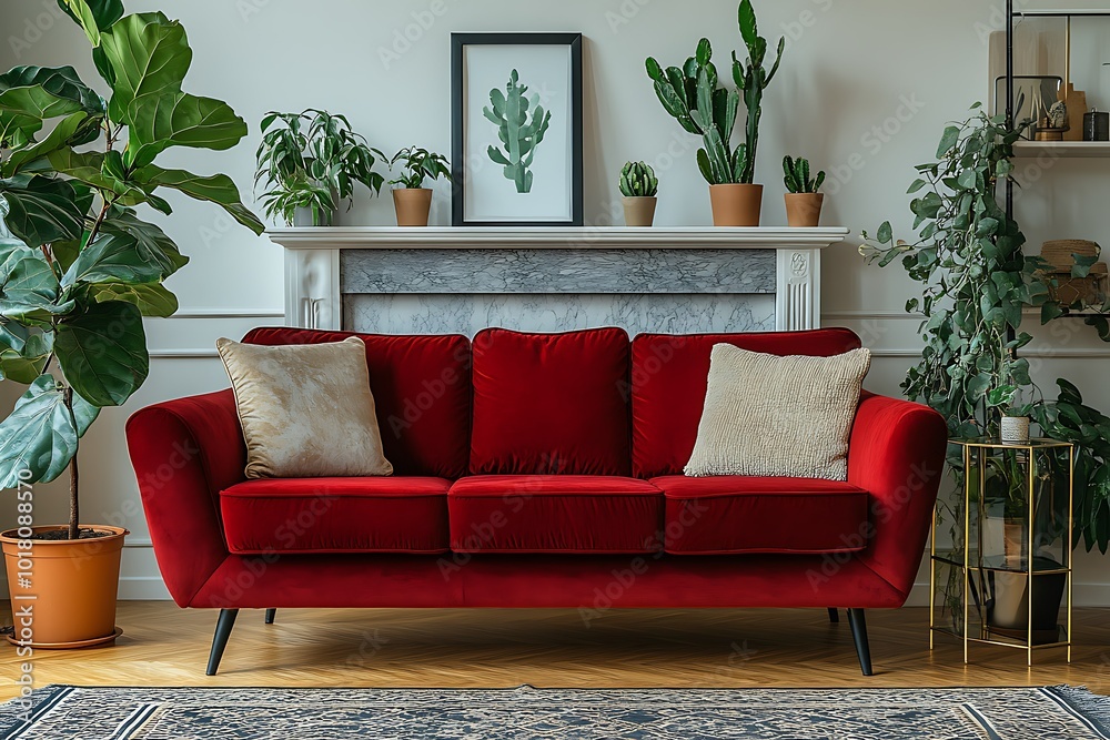 Obraz premium Cozy living room with a red sofa and indoor plants.