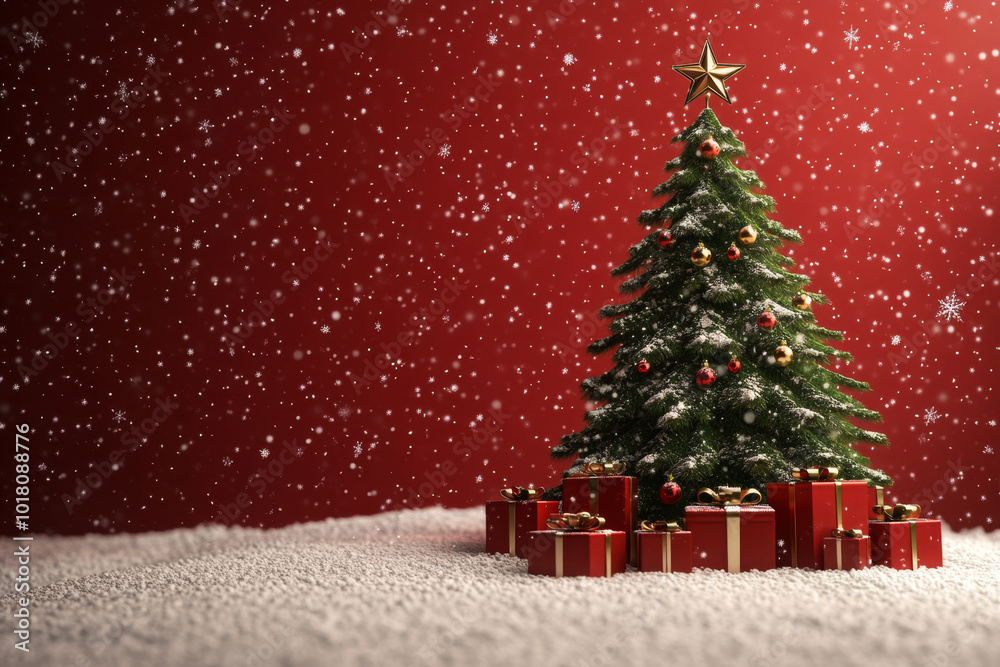 Obraz premium Green Christmas tree with stars and gift boxes lying on the snow on a red background