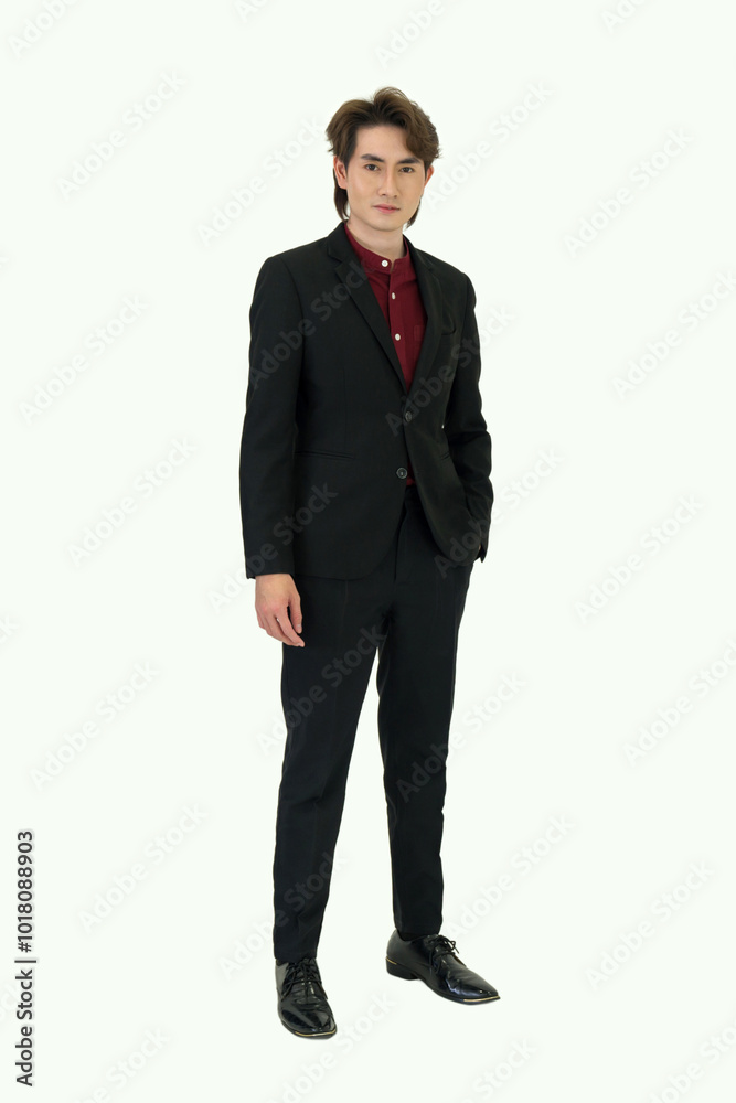 A man dressed in business suit stand confidently, looking professional. Portrait on white background with studio light. Isolated A man dressed in business suit stand confidently, looking professional. Portrait on white background with studio light. Isolated