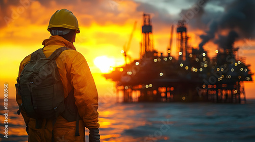 Worker observing an oil rig at sunset, highlighting industry and nature.