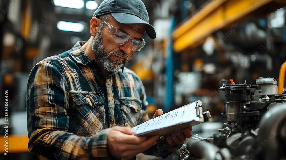 Worker reviewing a clipboard in an industrial setting.