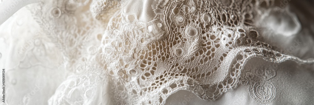 Naklejka premium Intricate Lace Detail, showcasing the delicate patterns and textures of fine lace fabric, perfect for textile design inspiration and fashion applications
